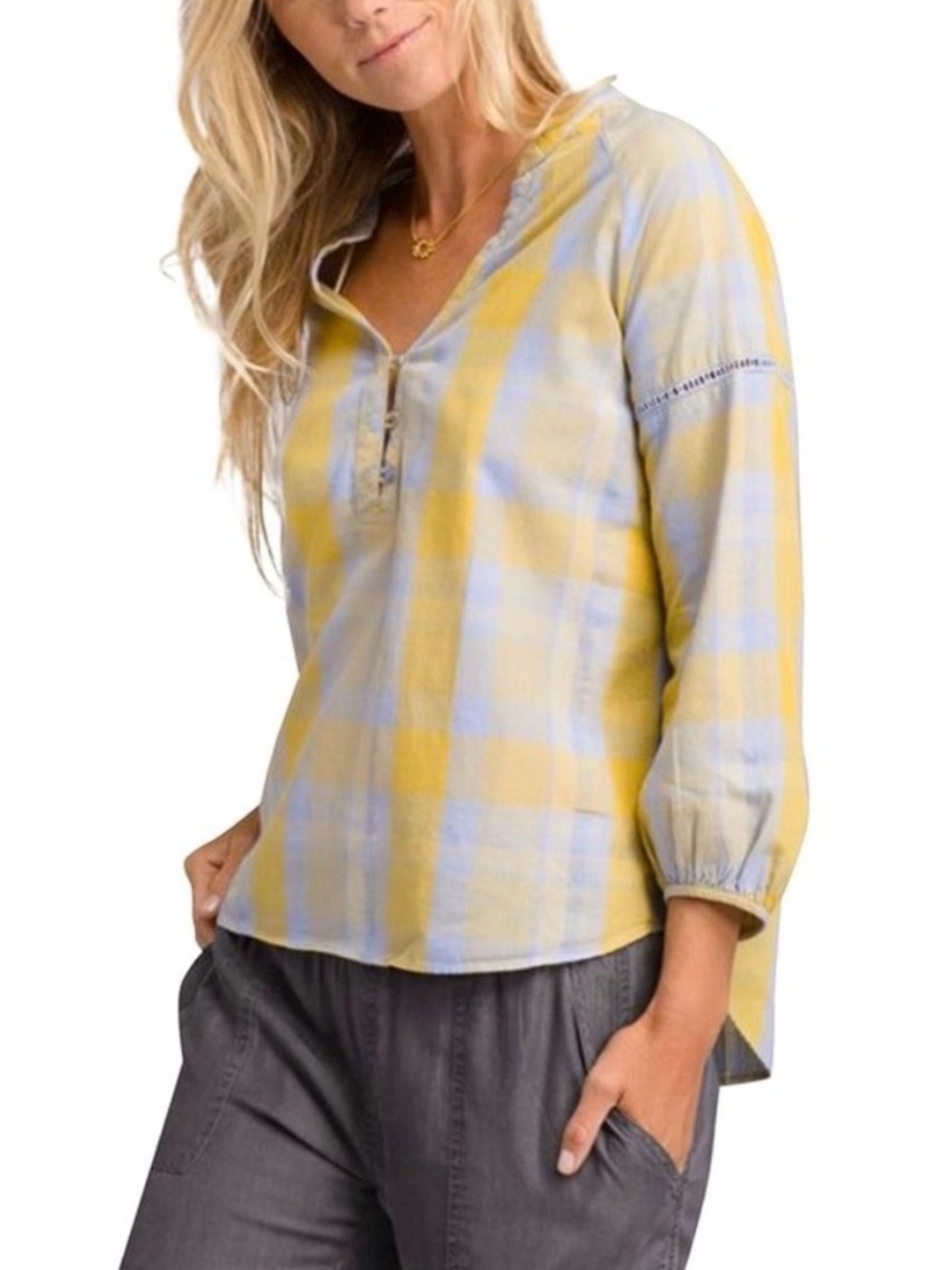 prAna Plaid Elena Top loose popover Blue Sheen NWT B